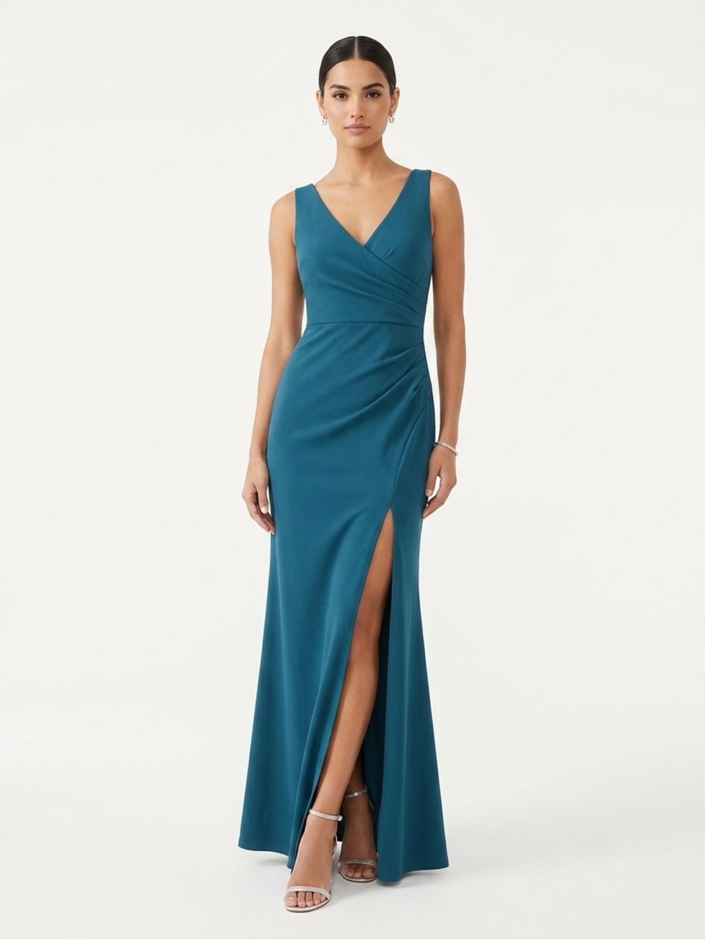Woosea, Sleeveless V-Neck Teal Prom Gown with High Side Slit - M